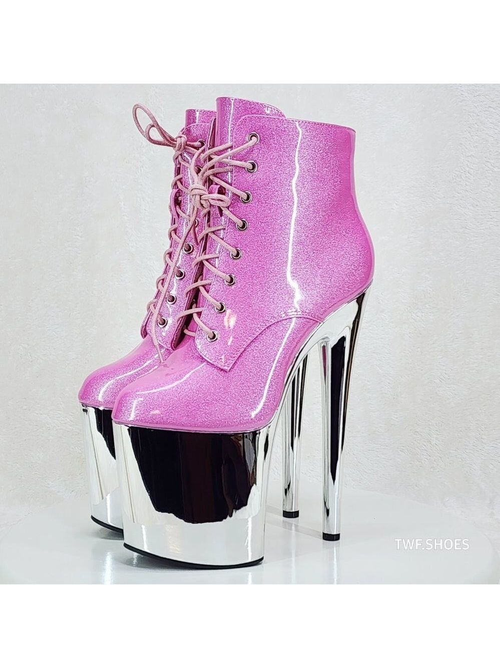 Good Will Bulls Pink Glitter Patent Chrome Platform High Heel Ankle Boots